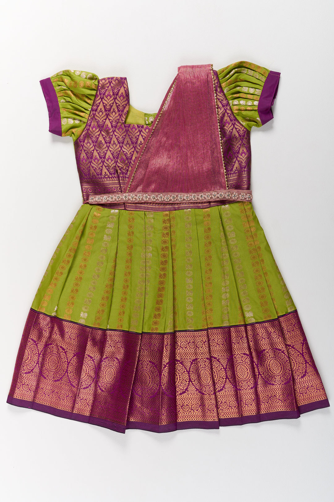 The Nesavu Girls Kanchi Silk Frock Vibrant Green and Maroon Infant Pattu Pavadai for Baby Girls with Zari Borders Nesavu 20 (3Y) / Green / Style 2 SF844AB-20 Nesavu Vibrant Green Maroon Infant Pattu Pavadai Baby Girls Zari Borders