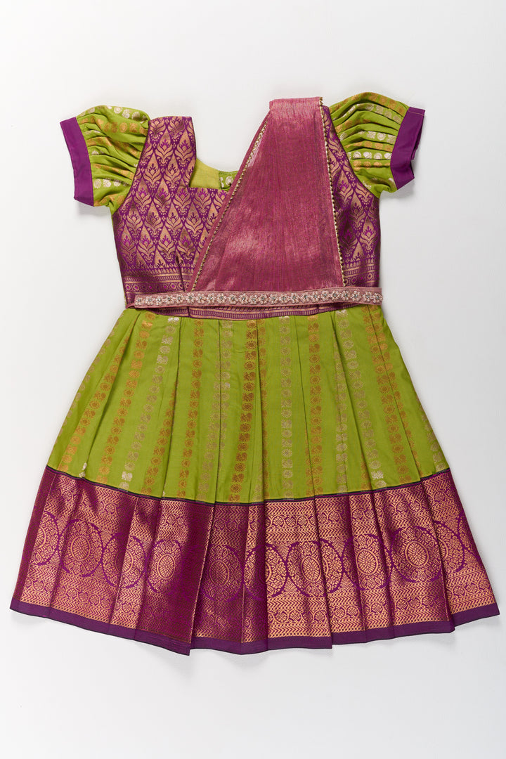 The Nesavu Girls Kanchi Silk Frock Vibrant Green and Maroon Infant Pattu Pavadai for Baby Girls with Zari Borders Nesavu 20 (3Y) / Green / Style 2 SF844AB-20 Nesavu Vibrant Green Maroon Infant Pattu Pavadai Baby Girls Zari Borders