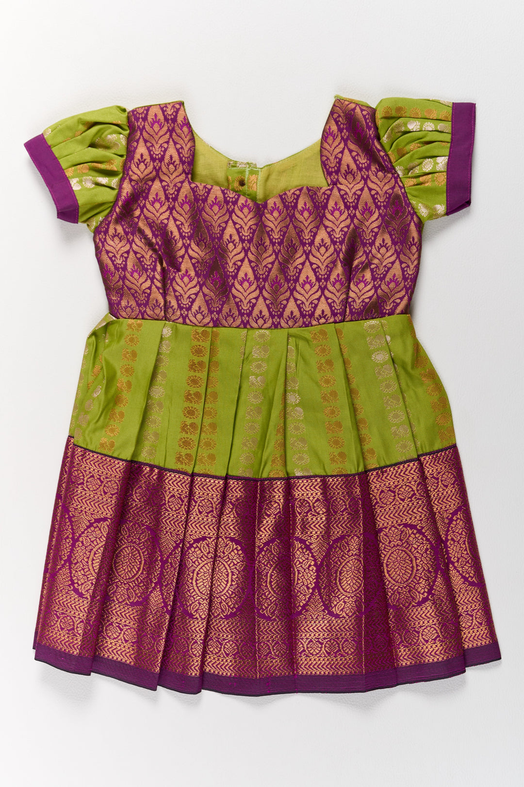 The Nesavu Girls Kanchi Silk Frock Vibrant Green and Maroon Infant Pattu Pavadai for Baby Girls with Zari Borders Nesavu Nesavu Vibrant Green Maroon Infant Pattu Pavadai Baby Girls Zari Borders