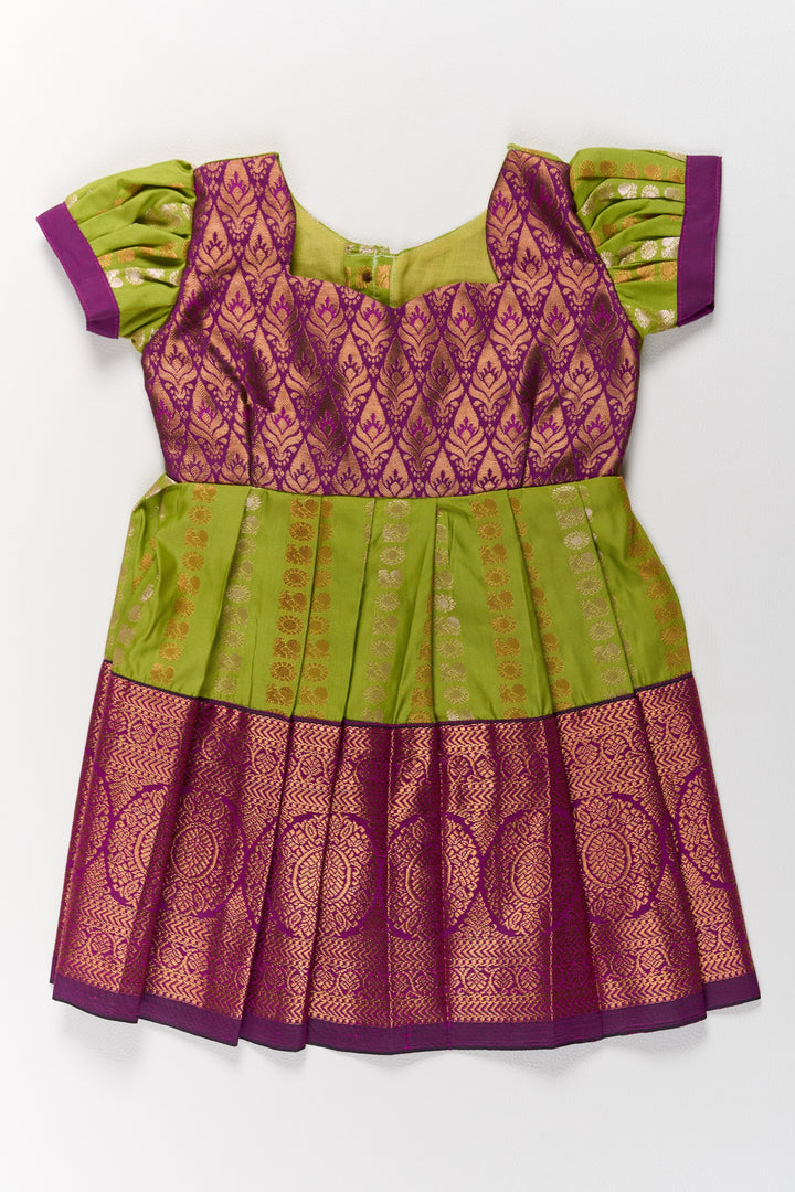 The Nesavu Girls Kanchi Silk Frock Vibrant Green and Maroon Infant Pattu Pavadai for Baby Girls with Zari Borders Nesavu Nesavu Vibrant Green Maroon Infant Pattu Pavadai Baby Girls Zari Borders