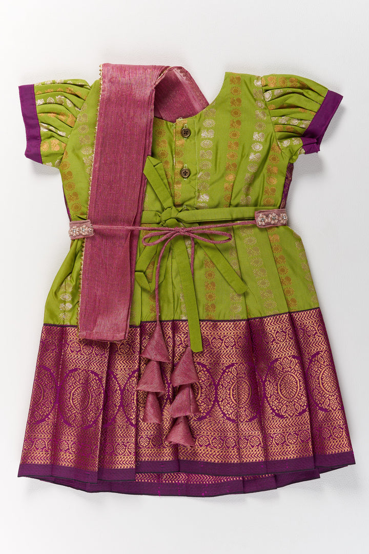 The Nesavu Girls Kanchi Silk Frock Vibrant Green and Maroon Infant Pattu Pavadai for Baby Girls with Zari Borders Nesavu Nesavu Vibrant Green Maroon Infant Pattu Pavadai Baby Girls Zari Borders