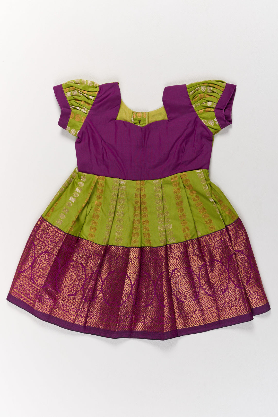 The Nesavu Girls Kanchi Silk Frock Vibrant Green and Maroon Infant Pattu Pavadai for Baby Girls with Zari Borders Nesavu Nesavu Vibrant Green Maroon Infant Pattu Pavadai Baby Girls Zari Borders