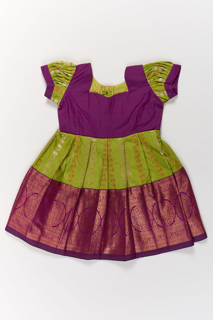 The Nesavu Girls Kanchi Silk Frock Vibrant Green and Maroon Infant Pattu Pavadai for Baby Girls with Zari Borders Nesavu Nesavu Vibrant Green Maroon Infant Pattu Pavadai Baby Girls Zari Borders