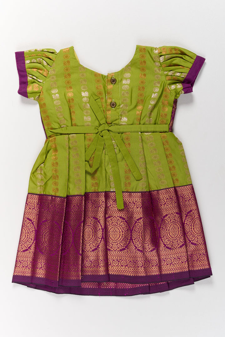 The Nesavu Girls Kanchi Silk Frock Vibrant Green and Maroon Infant Pattu Pavadai for Baby Girls with Zari Borders Nesavu Nesavu Vibrant Green Maroon Infant Pattu Pavadai Baby Girls Zari Borders