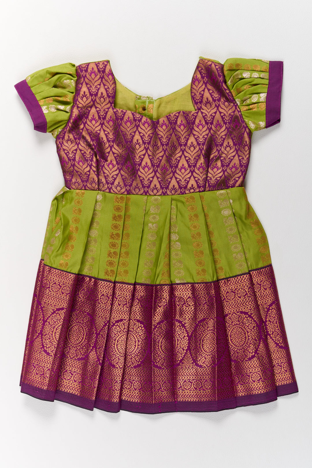 The Nesavu Girls Kanchi Silk Frock Vibrant Green and Maroon Infant Pattu Pavadai for Baby Girls with Zari Borders Nesavu Nesavu Vibrant Green Maroon Infant Pattu Pavadai Baby Girls Zari Borders