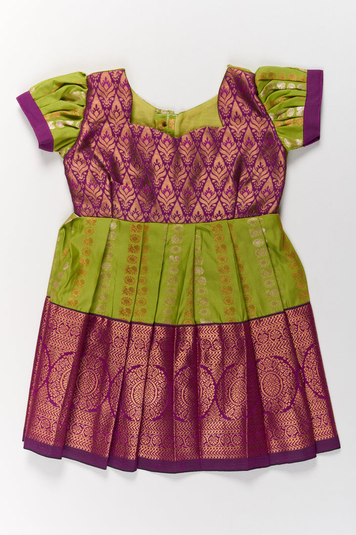 The Nesavu Girls Kanchi Silk Frock Vibrant Green and Maroon Infant Pattu Pavadai for Baby Girls with Zari Borders Nesavu Nesavu Vibrant Green Maroon Infant Pattu Pavadai Baby Girls Zari Borders