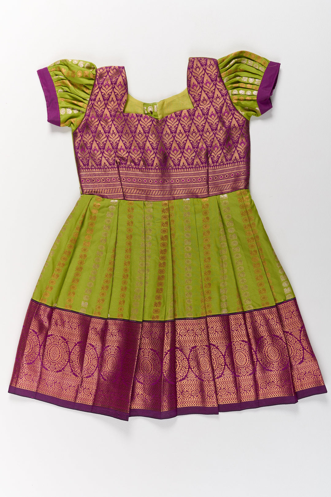The Nesavu Girls Kanchi Silk Frock Vibrant Green and Maroon Infant Pattu Pavadai for Baby Girls with Zari Borders Nesavu Nesavu Vibrant Green Maroon Infant Pattu Pavadai Baby Girls Zari Borders