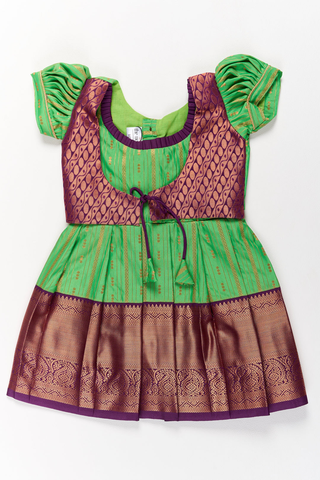 The Nesavu Girls Kanchi Silk Frock Vibrant Green and Maroon Pattu Pavadai Set for Girls with Traditional Zari Borders Nesavu 16 (1Y) / Green / Style 1 SF828AA-16 Nesavu Vibrant Green Maroon Pattu Pavadai Set Girls Traditional Zari Borders