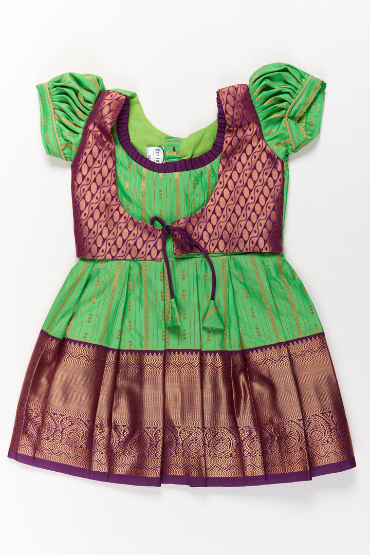The Nesavu Girls Kanchi Silk Frock Vibrant Green and Maroon Pattu Pavadai Set for Girls with Traditional Zari Borders Nesavu 16 (1Y) / Green / Style 1 SF828AA-16 Nesavu Vibrant Green Maroon Pattu Pavadai Set Girls Traditional Zari Borders