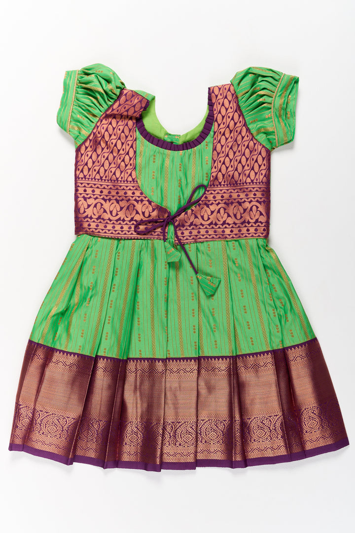 The Nesavu Girls Kanchi Silk Frock Vibrant Green and Maroon Pattu Pavadai Set for Girls with Traditional Zari Borders Nesavu 20 (3Y) / Green / Style 2 SF828AB-20 Nesavu Vibrant Green Maroon Pattu Pavadai Set Girls Traditional Zari Borders