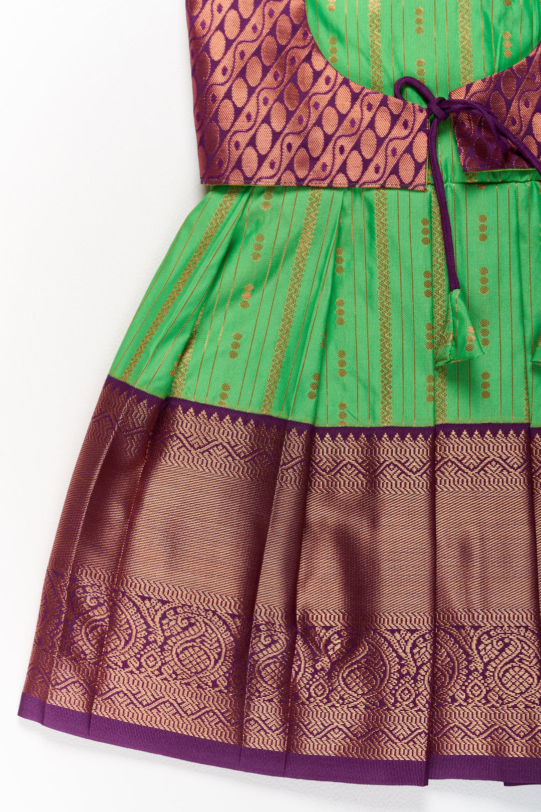 The Nesavu Girls Kanchi Silk Frock Vibrant Green and Maroon Pattu Pavadai Set for Girls with Traditional Zari Borders Nesavu Nesavu Vibrant Green Maroon Pattu Pavadai Set Girls Traditional Zari Borders