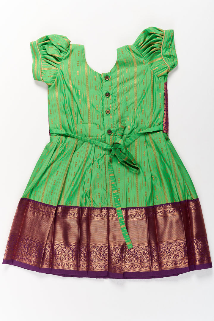 The Nesavu Girls Kanchi Silk Frock Vibrant Green and Maroon Pattu Pavadai Set for Girls with Traditional Zari Borders Nesavu Nesavu Vibrant Green Maroon Pattu Pavadai Set Girls Traditional Zari Borders