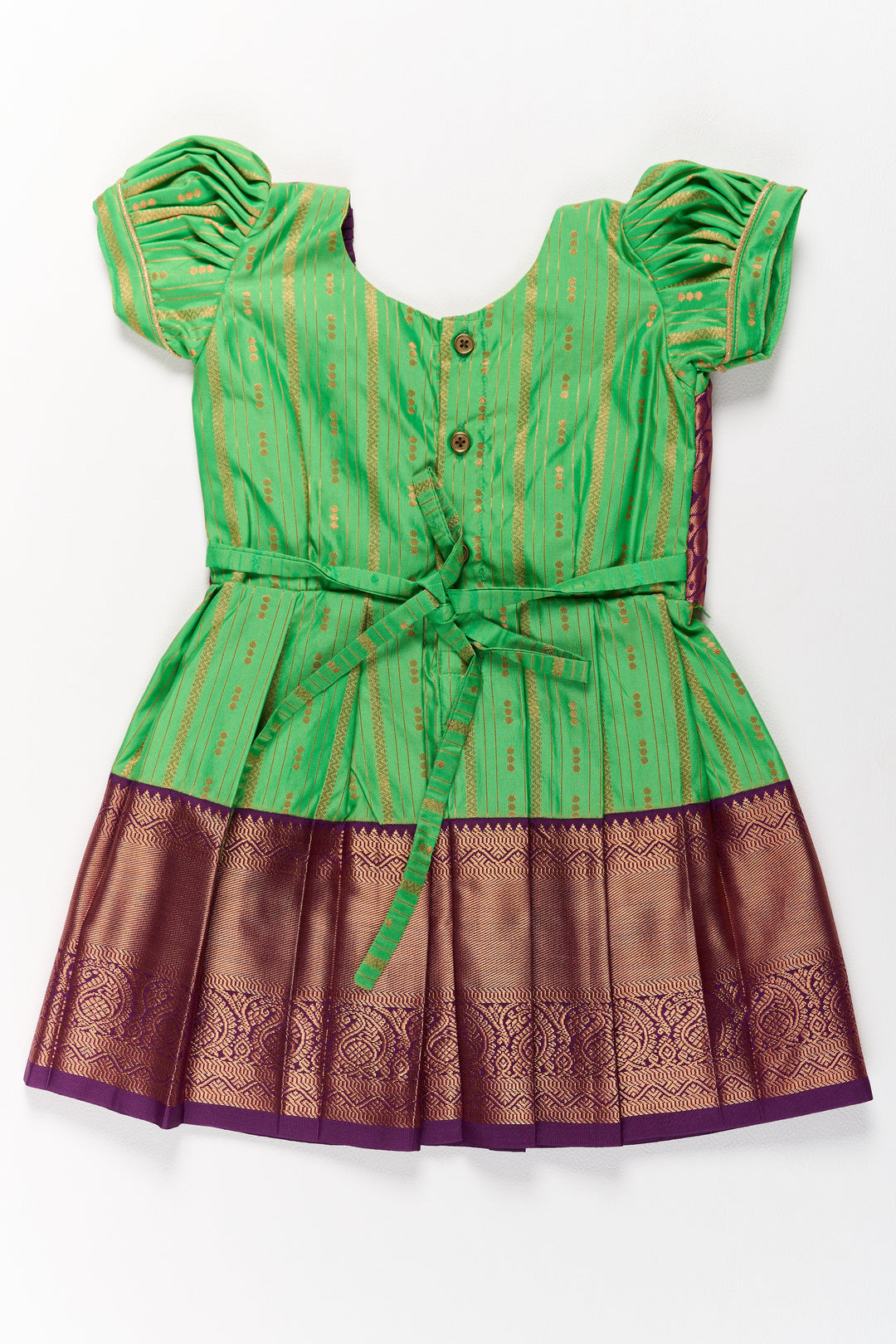 The Nesavu Girls Kanchi Silk Frock Vibrant Green and Maroon Pattu Pavadai Set for Girls with Traditional Zari Borders Nesavu Nesavu Vibrant Green Maroon Pattu Pavadai Set Girls Traditional Zari Borders
