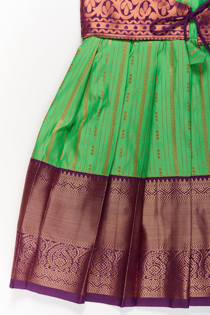 The Nesavu Girls Kanchi Silk Frock Vibrant Green and Maroon Pattu Pavadai Set for Girls with Traditional Zari Borders Nesavu Nesavu Vibrant Green Maroon Pattu Pavadai Set Girls Traditional Zari Borders