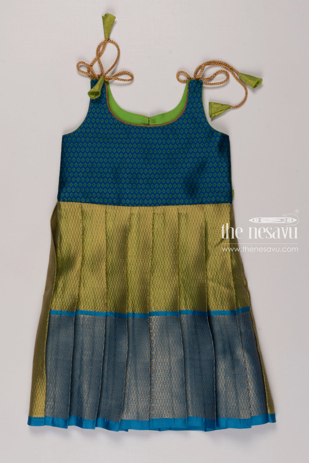 The Nesavu Tie-up Frock Vibrant Green and Peacock Blue Silk TieUp Frock Nesavu 16 (1Y) / Green / Blend Silk T281A-16 Peacock Blue Silk Dress | Vibrant Tie Up Frock for Special Occasions | The Nesavu