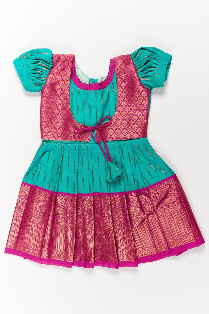 The Nesavu Girls Kanchi Silk Frock Vibrant Green and Red Pattu Pavadai for Girls with Traditional Zari Weaving Nesavu 16 (1Y) / Green / Style 1 SF831AA-16 Nesavu Vibrant Green Red Pattu Pavadai Girls Traditional Zari Weaving