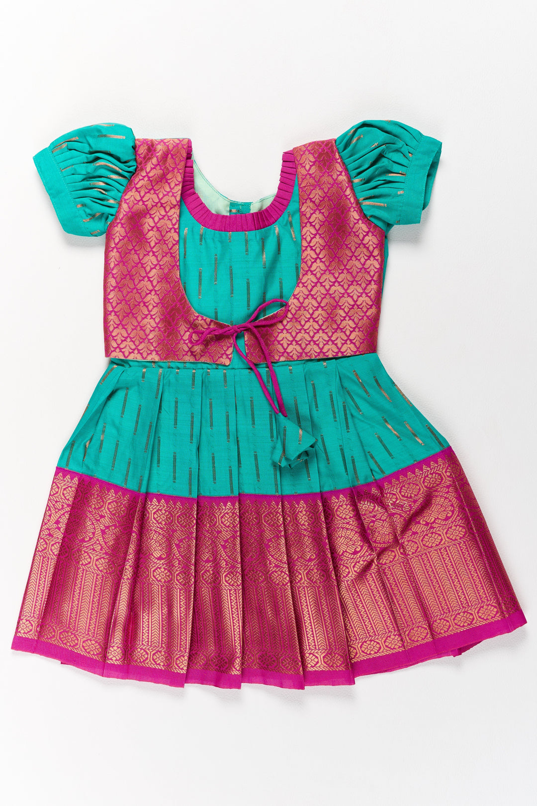 The Nesavu Girls Kanchi Silk Frock Vibrant Green and Red Pattu Pavadai for Girls with Traditional Zari Weaving Nesavu 16 (1Y) / Green / Style 1 SF831AA-16 Vibrant Green Red Pattu Pavadai Girls Traditional Zari Weaving | The Nesavu