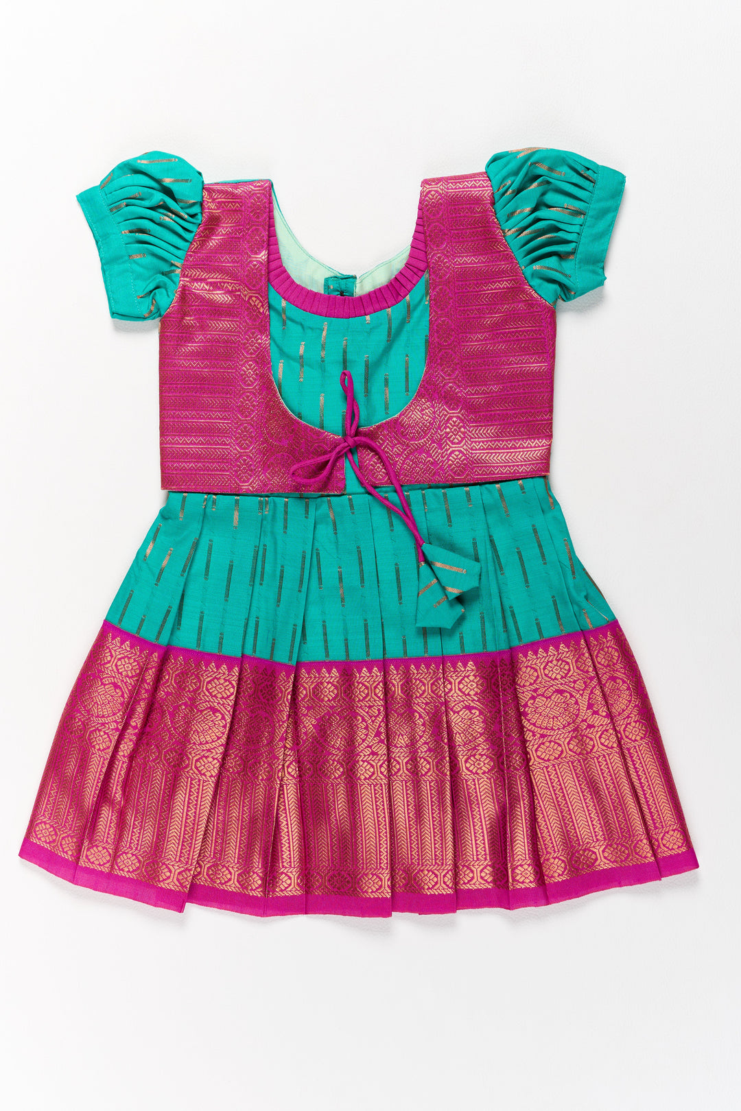 The Nesavu Girls Kanchi Silk Frock Vibrant Green and Red Pattu Pavadai for Girls with Traditional Zari Weaving Nesavu 16 (1Y) / Green / Style 3 SF831AC-16 Nesavu Vibrant Green Red Pattu Pavadai Girls Traditional Zari Weaving