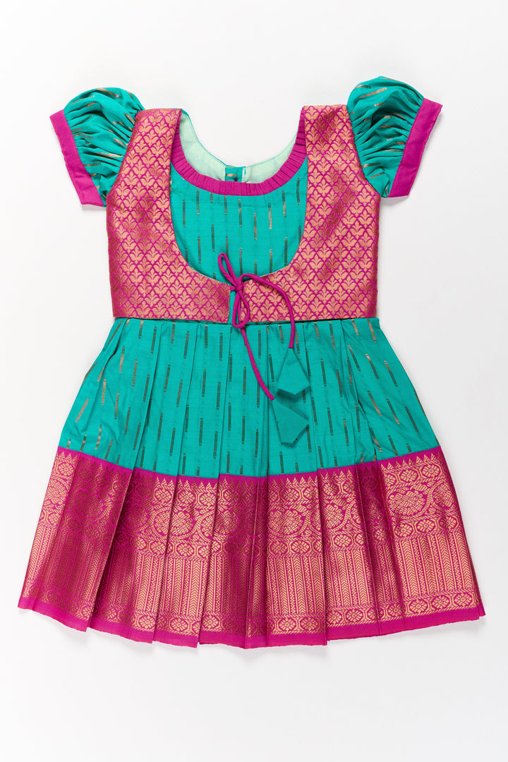 The Nesavu Girls Kanchi Silk Frock Vibrant Green and Red Pattu Pavadai for Girls with Traditional Zari Weaving Nesavu 18 (2Y) / Green / Style 4 SF831AD-18 Nesavu Vibrant Green Red Pattu Pavadai Girls Traditional Zari Weaving