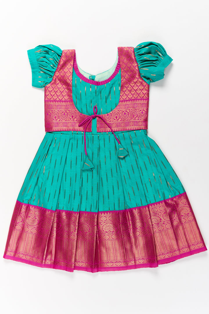 The Nesavu Girls Kanchi Silk Frock Vibrant Green and Red Pattu Pavadai for Girls with Traditional Zari Weaving Nesavu 20 (3Y) / Green / Style 2 SF831AB-20 Nesavu Vibrant Green Red Pattu Pavadai Girls Traditional Zari Weaving