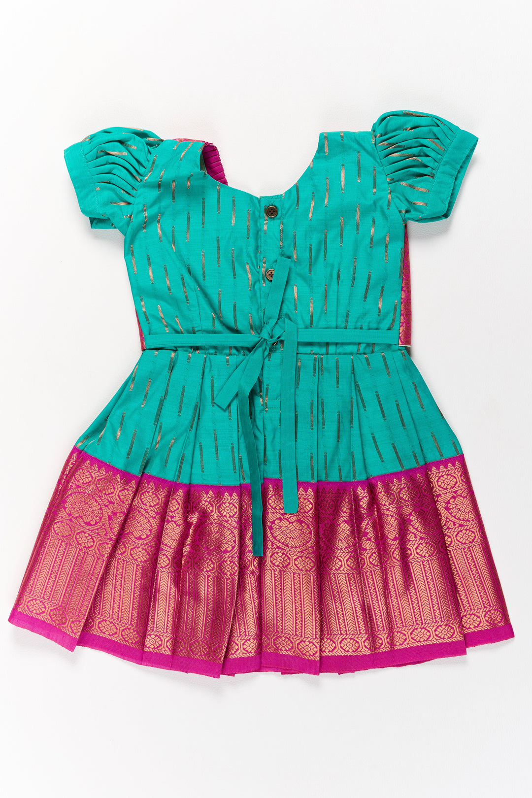 The Nesavu Girls Kanchi Silk Frock Vibrant Green and Red Pattu Pavadai for Girls with Traditional Zari Weaving Nesavu Nesavu Vibrant Green Red Pattu Pavadai Girls Traditional Zari Weaving