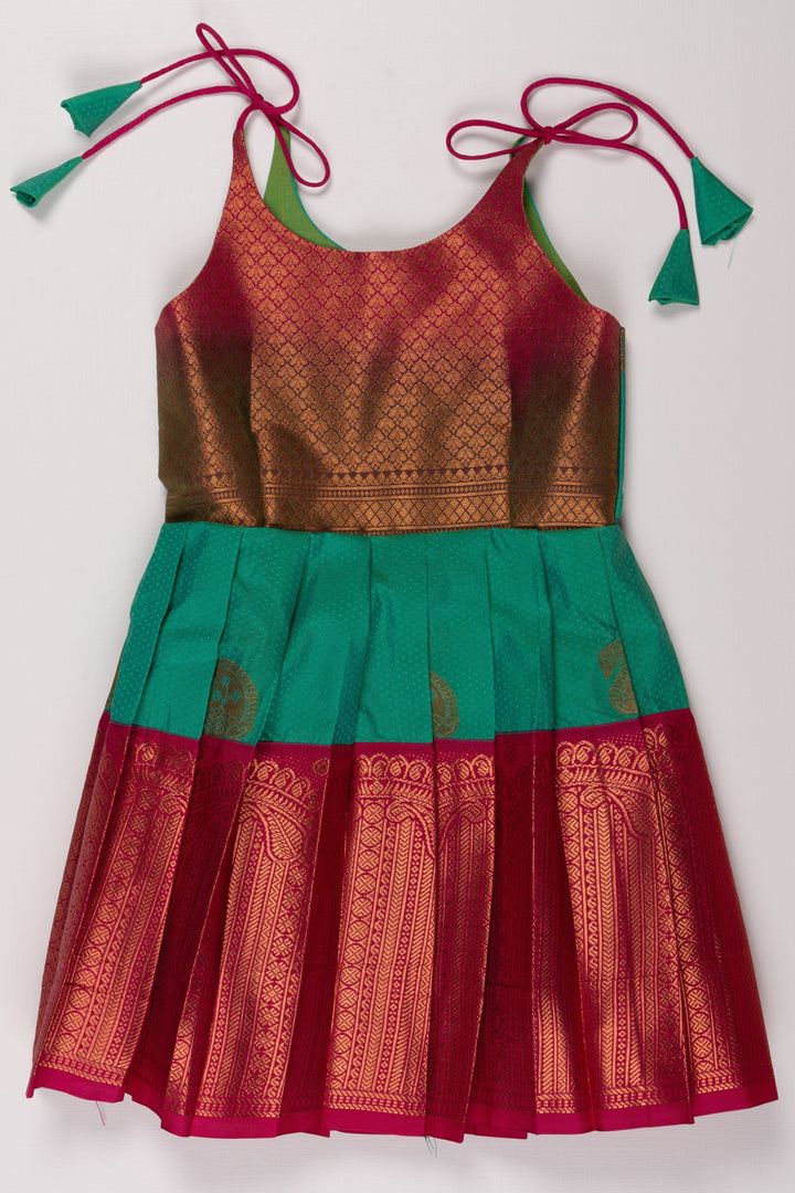The Nesavu Tie Up Frock Vibrant Green & Magenta Silk Party Dress - Exquisite Brocade Design Nesavu 18 (2Y) / Green / Style 3 T336C-18 Green and Magenta Silk Dress | Luxurious Brocade Evening Wear | The Nesavu