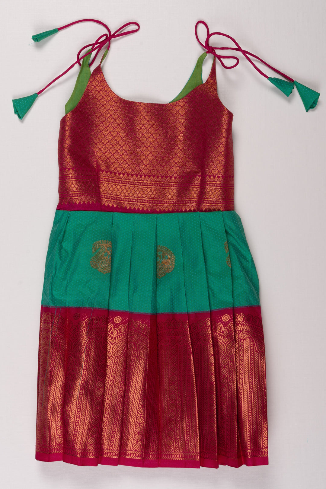 The Nesavu Tie Up Frock Vibrant Green & Magenta Silk Party Dress - Exquisite Brocade Design Nesavu 20 (3Y) / Green / Style 2 T336B-20 Green and Magenta Silk Dress | Luxurious Brocade Evening Wear | The Nesavu