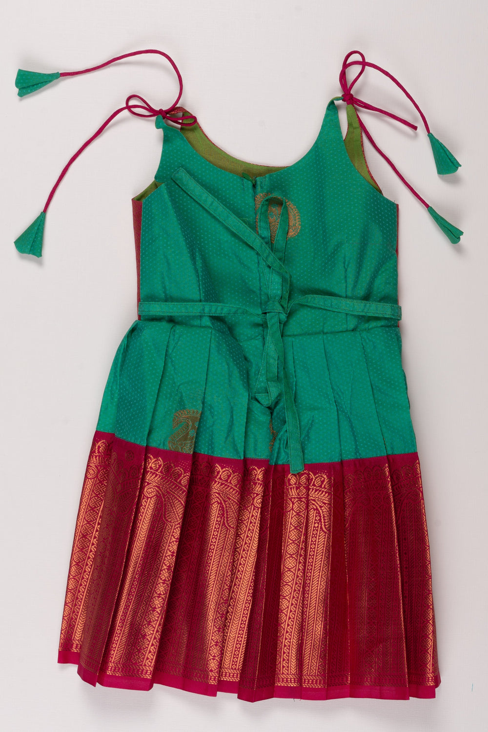 The Nesavu Tie Up Frock Vibrant Green & Magenta Silk Party Dress - Exquisite Brocade Design Nesavu Green and Magenta Silk Dress | Luxurious Brocade Evening Wear | The Nesavu