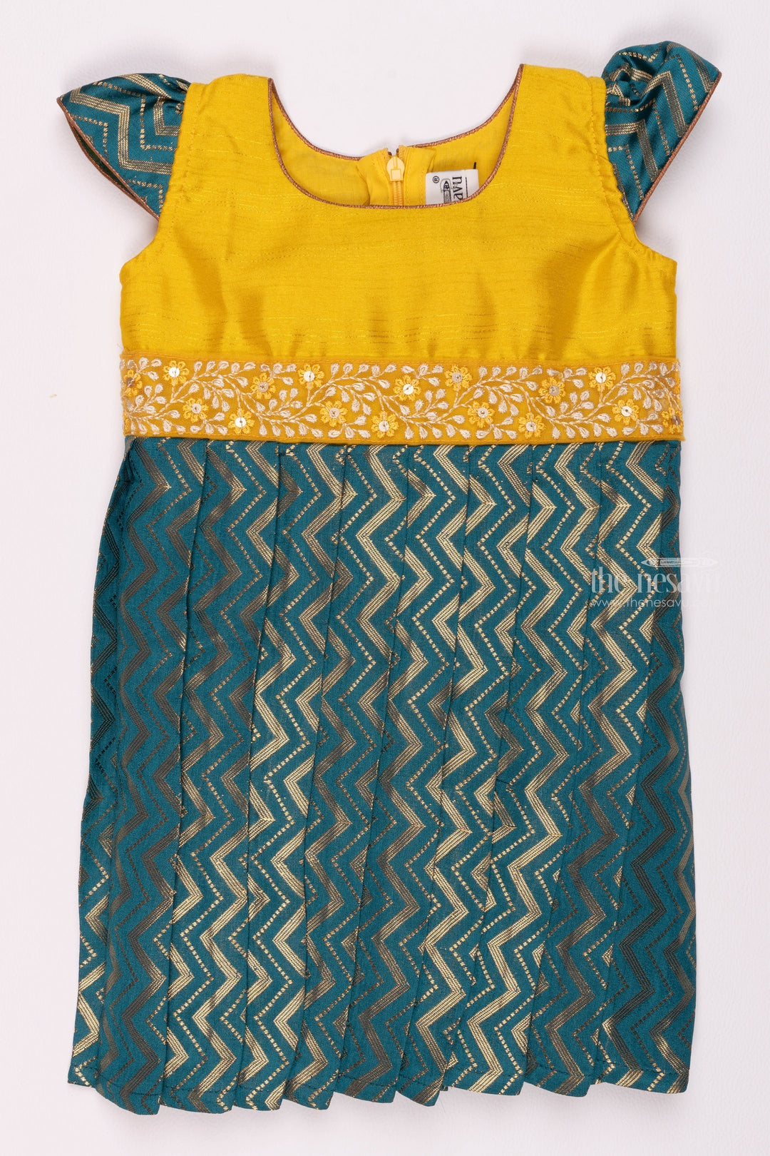 The Nesavu Silk Frock Vibrant Green Wave Pleated Design with Golden Yellow Yoke Making Waves in Traditional Glam for Girls Nesavu 16 (1Y) / Green / Banarasi SF699-16 South Indian Silk Frock Designs | Silk Frock for Girls Online | The Nesavu