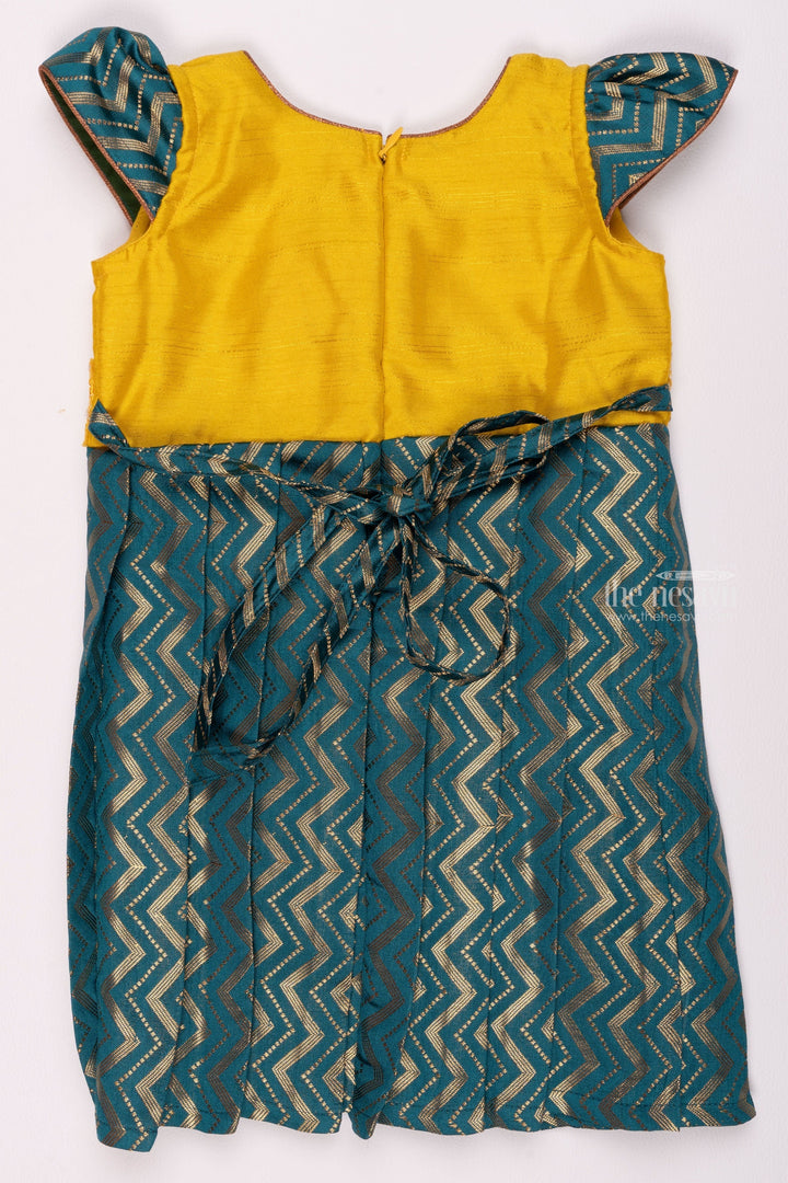 The Nesavu Silk Frock Vibrant Green Wave Pleated Design with Golden Yellow Yoke Making Waves in Traditional Glam for Girls Nesavu South Indian Silk Frock Designs | Silk Frock for Girls Online | The Nesavu