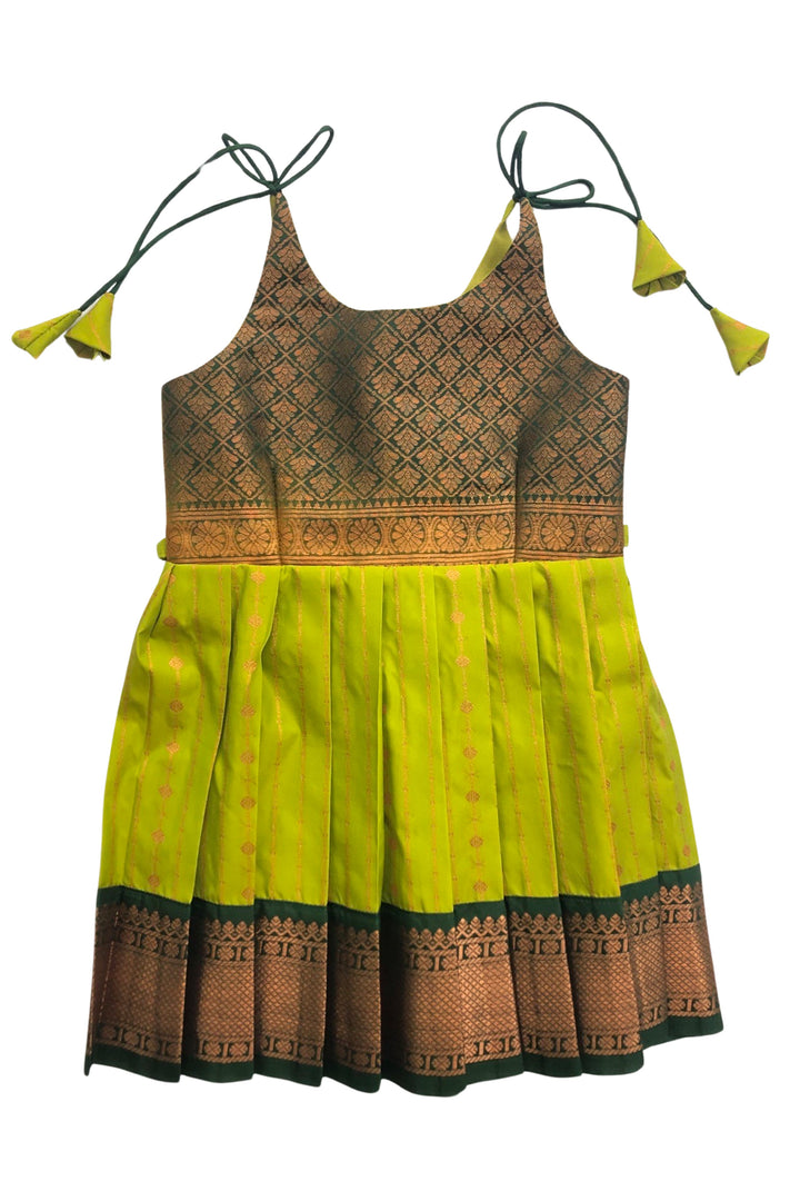 The Nesavu Tie Up Frock Vibrant Lime and Cocoa Silk Tie-Up Frock – Exotic Fusion Fashion Nesavu 16 (1Y) / Green / Style 4 T319D-16 Lime & Cocoa Silk Frock | Trendy Geometric Print Tie-Up Dress | The Nesavu