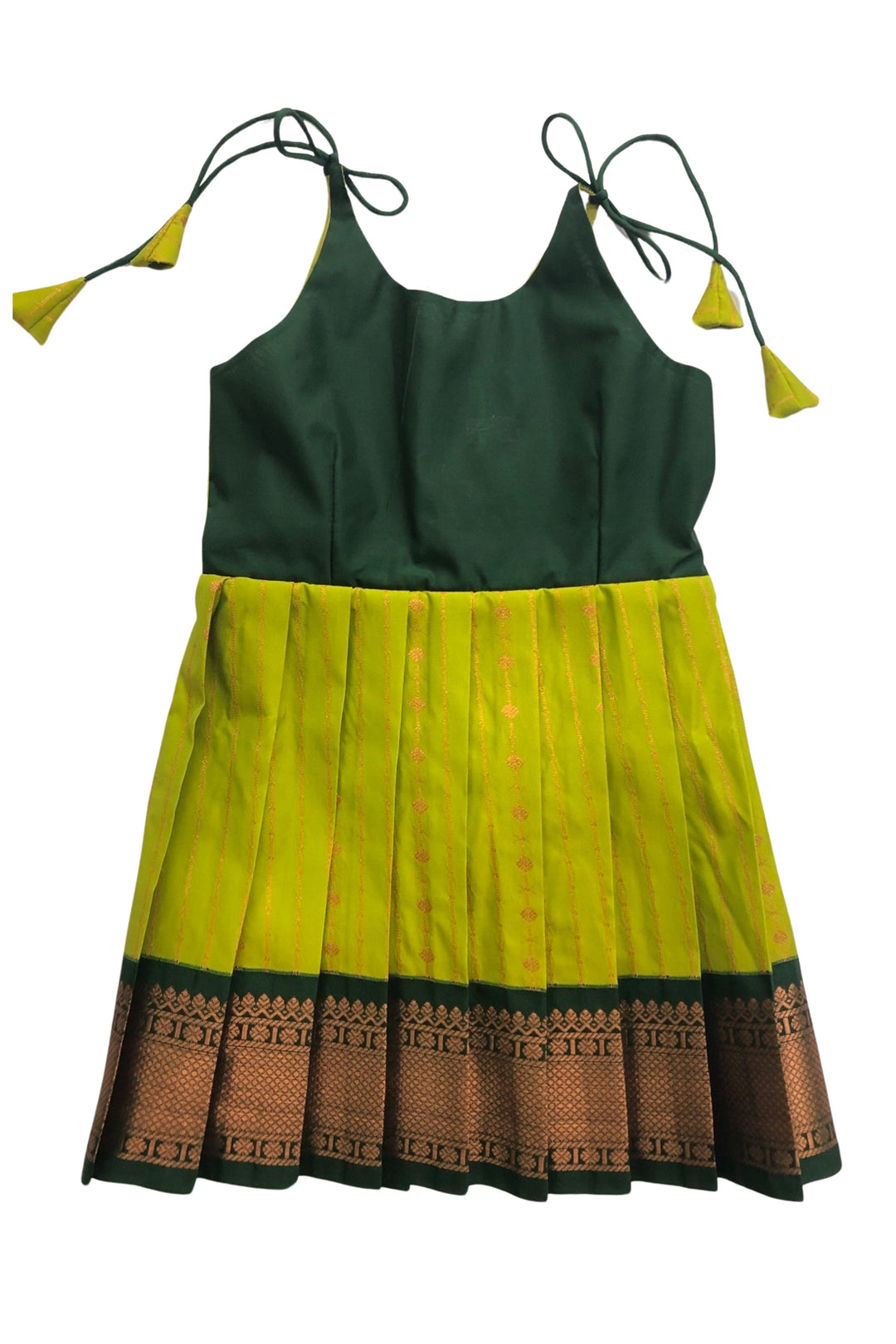 The Nesavu Tie Up Frock Vibrant Lime and Cocoa Silk Tie-Up Frock – Exotic Fusion Fashion Nesavu 16 (1Y) / Green / Style 6 T319F-16 Lime & Cocoa Silk Frock | Trendy Geometric Print Tie-Up Dress | The Nesavu