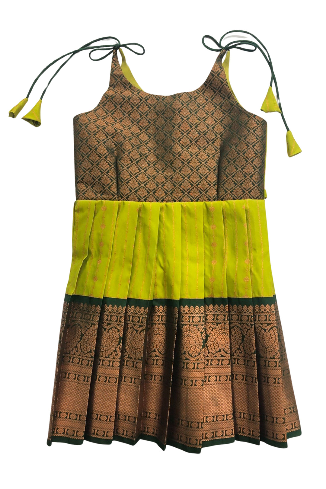 The Nesavu Tie Up Frock Vibrant Lime and Cocoa Silk Tie-Up Frock – Exotic Fusion Fashion Nesavu 18 (2Y) / Green / Style 1 T319A-18 Lime & Cocoa Silk Frock | Trendy Geometric Print Tie-Up Dress | The Nesavu