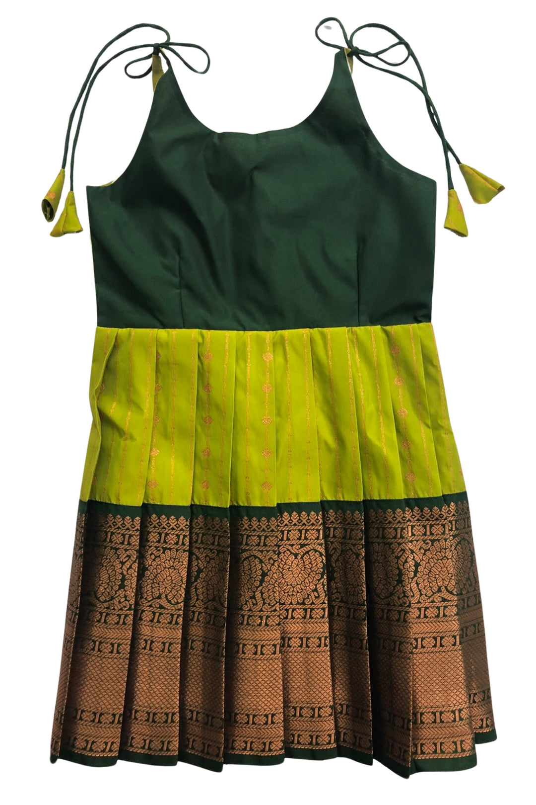 The Nesavu Tie Up Frock Vibrant Lime and Cocoa Silk Tie-Up Frock – Exotic Fusion Fashion Nesavu 18 (2Y) / Green / Style 2 T319B-18 Lime & Cocoa Silk Frock | Trendy Geometric Print Tie-Up Dress | The Nesavu