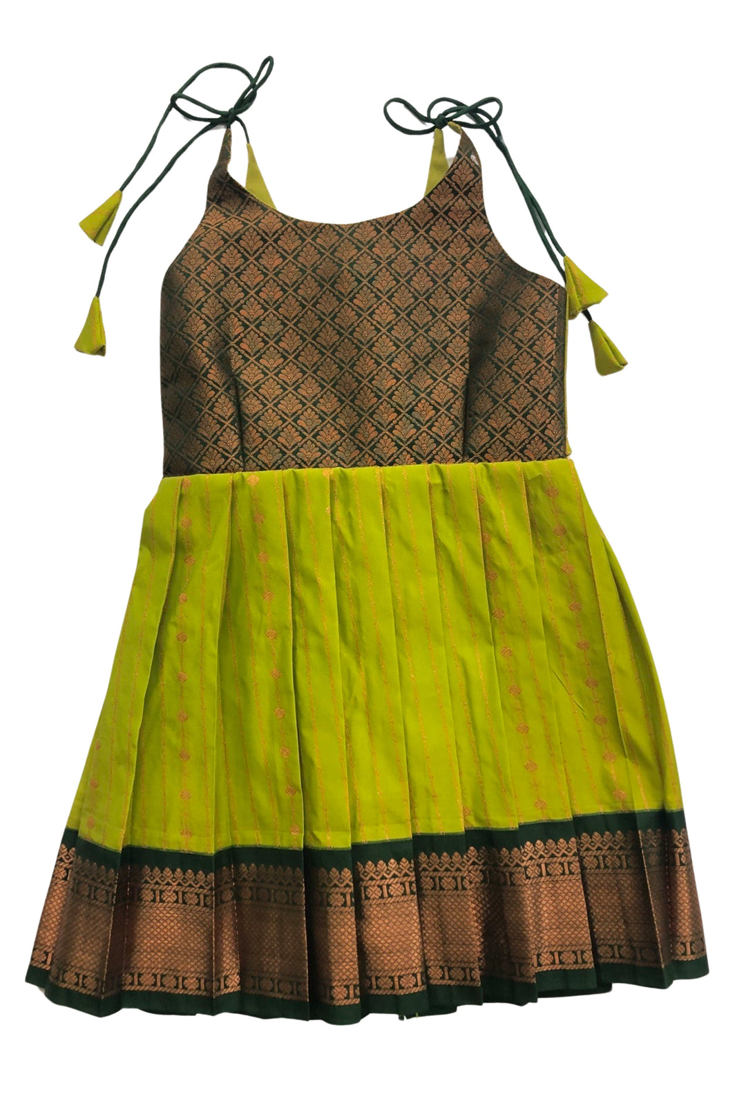 The Nesavu Tie Up Frock Vibrant Lime and Cocoa Silk Tie-Up Frock – Exotic Fusion Fashion Nesavu 18 (2Y) / Green / Style 3 T319C-18 Lime & Cocoa Silk Frock | Trendy Geometric Print Tie-Up Dress | The Nesavu