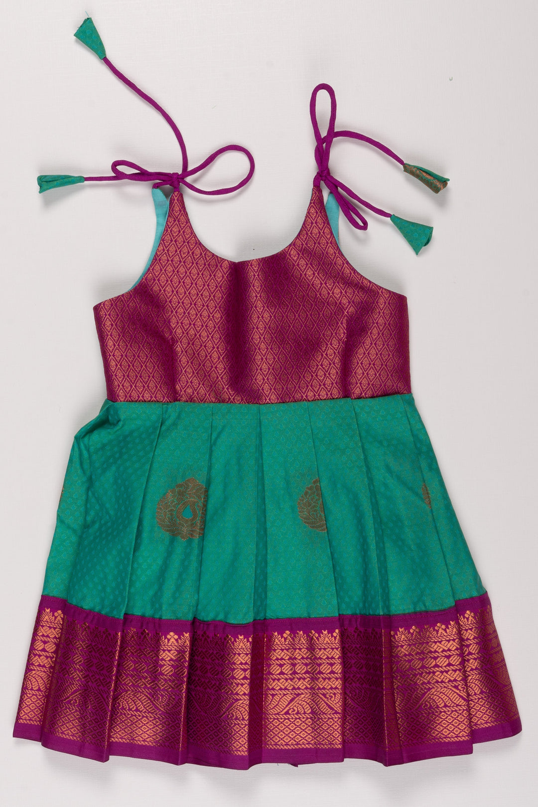 The Nesavu Tie Up Frock Vibrant Magenta and Green Silk Blend Tie-Up Dress Nesavu 14 (6M) / Green / Style 4 T342D-14 Buy Magenta and Green Silk Party Dress | Festive Silk Blend Frock with Gold Detail | The Nesavu