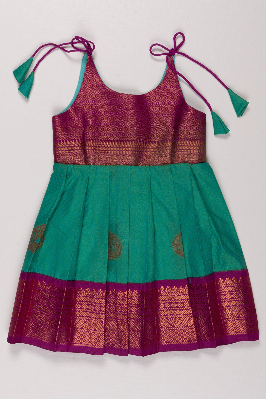 The Nesavu Tie Up Frock Vibrant Magenta and Green Silk Blend Tie-Up Dress Nesavu 14 (6M) / Green / Style 5 T342E-14 Buy Magenta and Green Silk Party Dress | Festive Silk Blend Frock with Gold Detail | The Nesavu