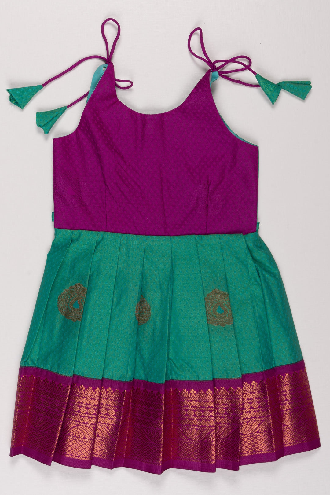 The Nesavu Tie Up Frock Vibrant Magenta and Green Silk Blend Tie-Up Dress Nesavu 16 (1Y) / Green / Style 6 T342F-16 Buy Magenta and Green Silk Party Dress | Festive Silk Blend Frock with Gold Detail | The Nesavu