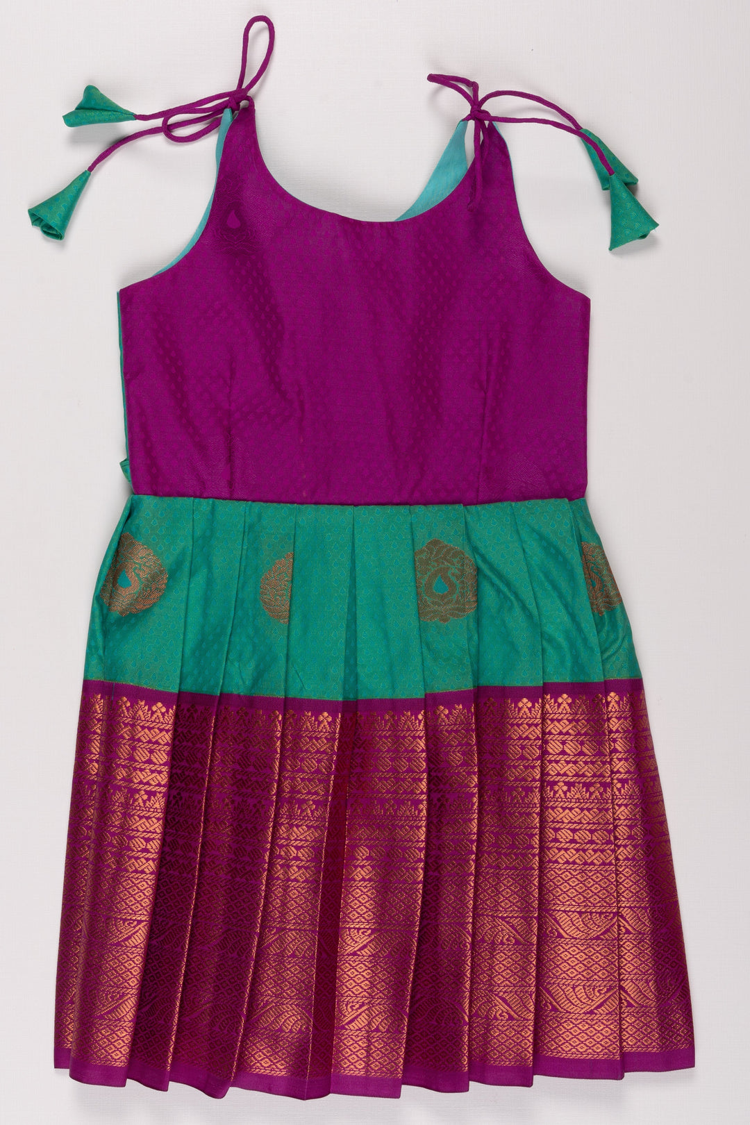 The Nesavu Tie Up Frock Vibrant Magenta and Green Silk Blend Tie-Up Dress Nesavu 18 (2Y) / Green / Style 3 T342C-18 Buy Magenta and Green Silk Party Dress | Festive Silk Blend Frock with Gold Detail | The Nesavu