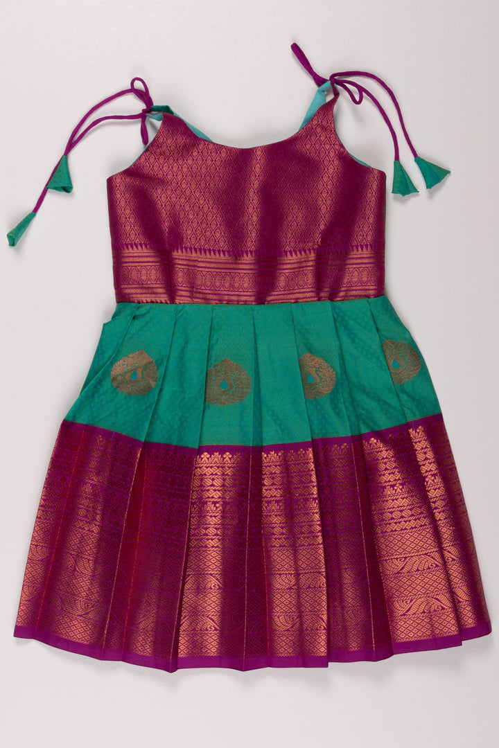 The Nesavu Tie Up Frock Vibrant Magenta and Green Silk Blend Tie-Up Dress Nesavu 20 (3Y) / Green / Style 2 T342B-20 Buy Magenta and Green Silk Party Dress | Festive Silk Blend Frock with Gold Detail | The Nesavu