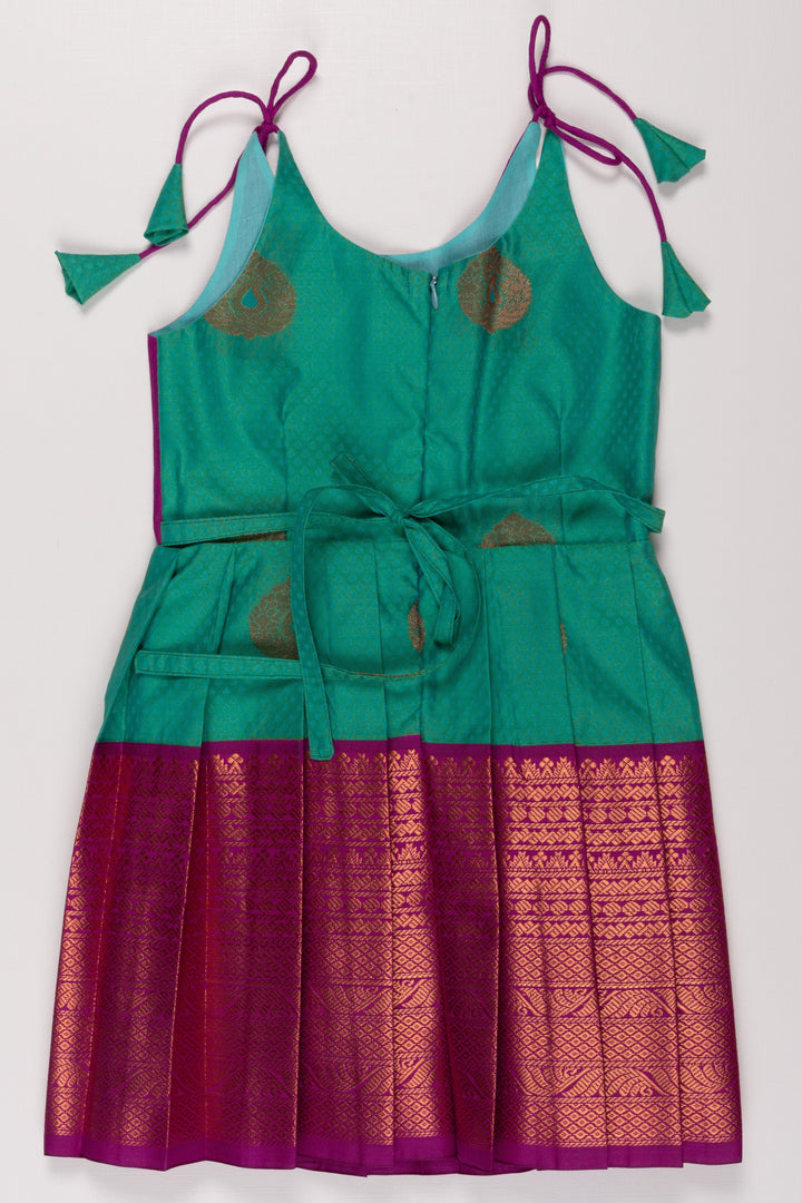 The Nesavu Tie Up Frock Vibrant Magenta and Green Silk Blend Tie-Up Dress Nesavu Buy Magenta and Green Silk Party Dress | Festive Silk Blend Frock with Gold Detail | The Nesavu