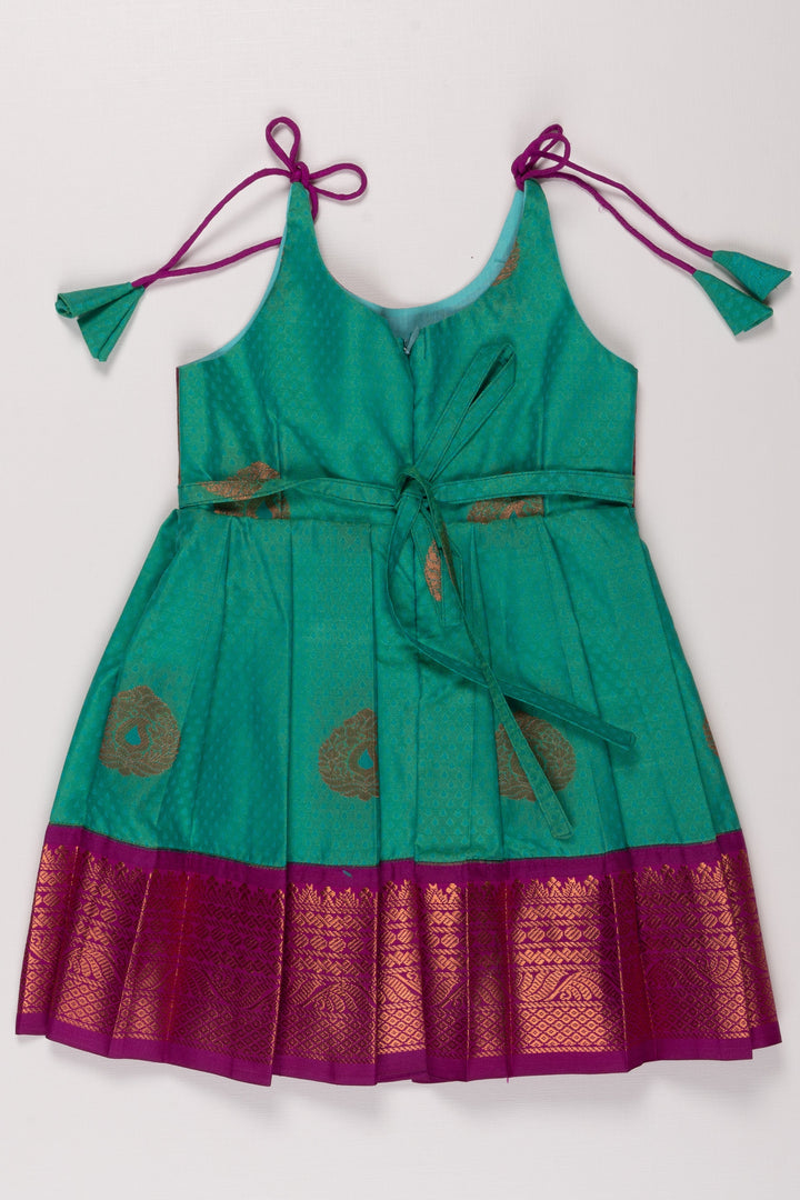 The Nesavu Tie Up Frock Vibrant Magenta and Green Silk Blend Tie-Up Dress Nesavu Buy Magenta and Green Silk Party Dress | Festive Silk Blend Frock with Gold Detail | The Nesavu