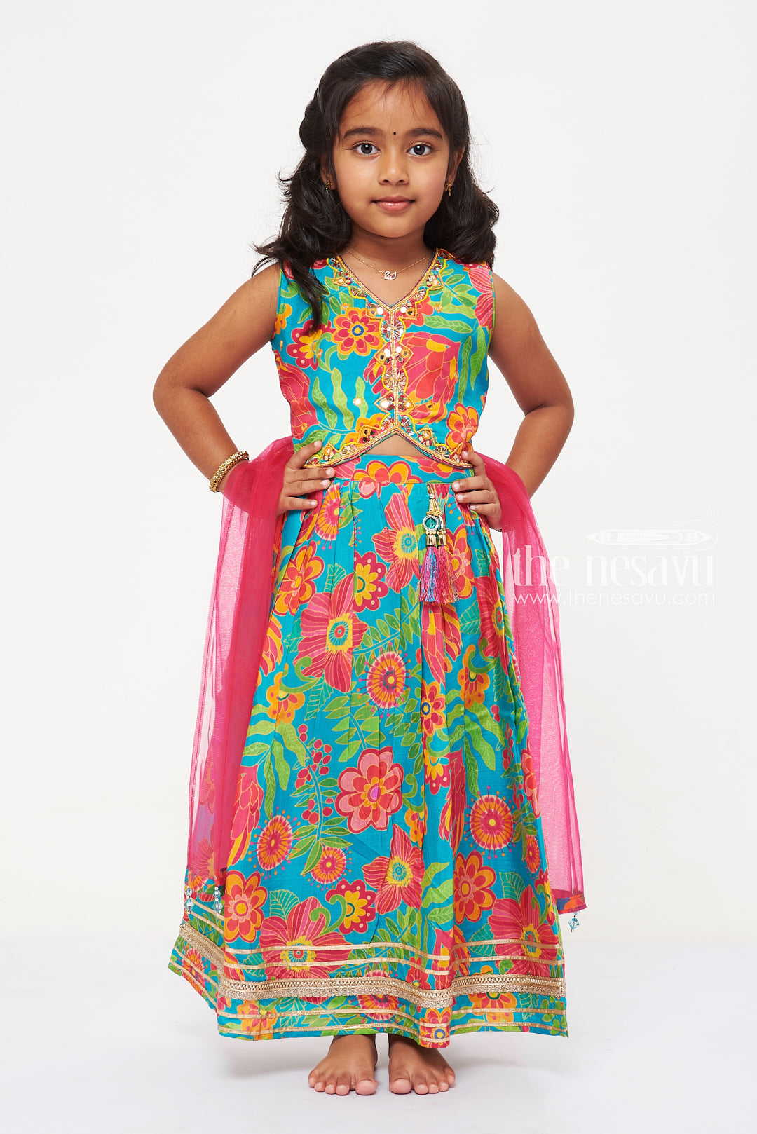 The Nesavu Girls Lehenga Choli Vibrant Multicolor Floral Lehenga Choli Set for Girls Nesavu Vibrant Multicolor Floral Lehenga Choli Set for Girls - Bright & Stylish