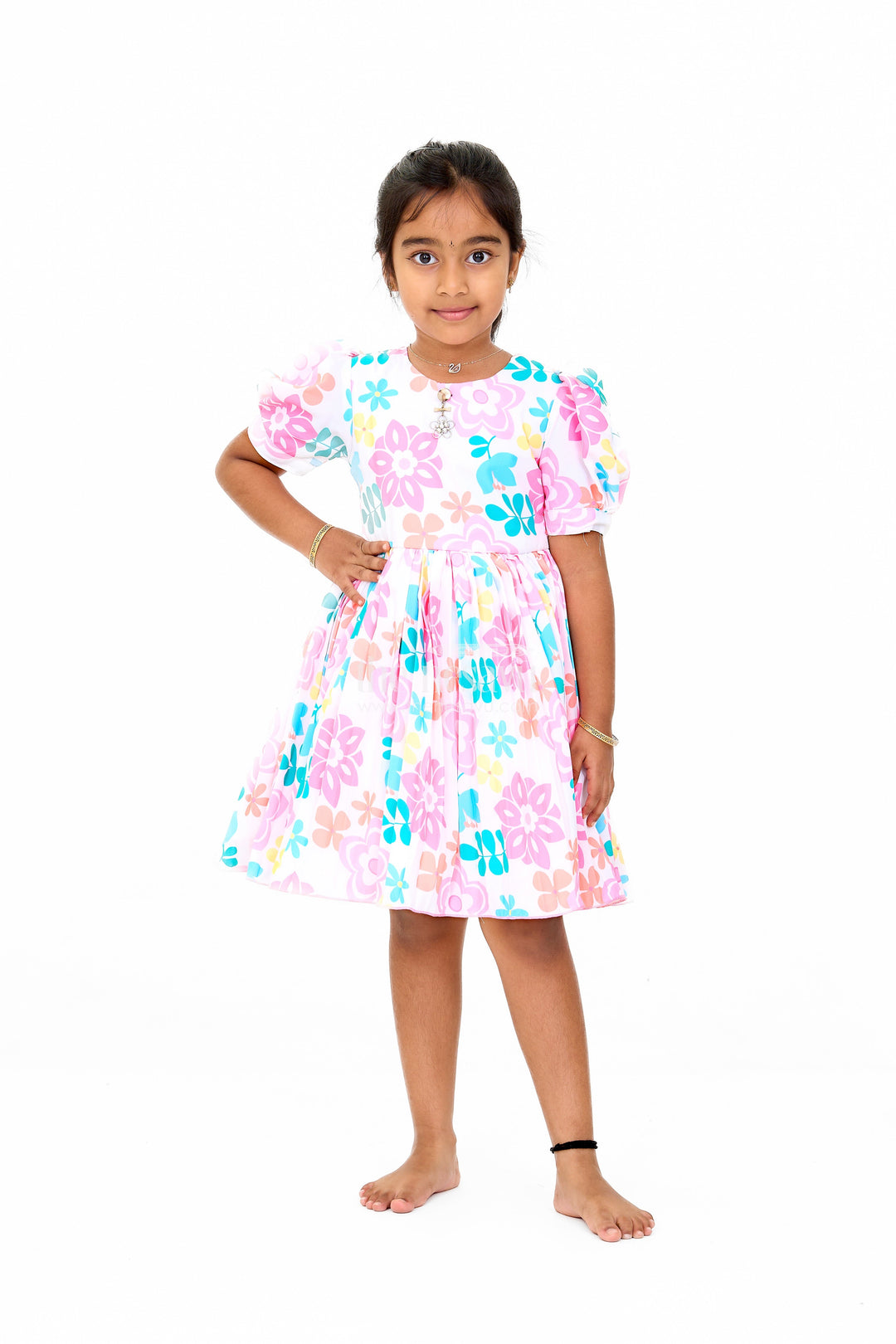 The Nesavu Girls Fancy Frock Vibrant Multicolor Georgette Flower Girls Fancy Frock with Floral Prints and Puff Sleeves Nesavu 16 (1Y) / Multicolor GFC1514A-16 Nesavu Vibrant Multicolor Georgette Flower Girls Fancy Frock Floral Prints Puff Sleeves