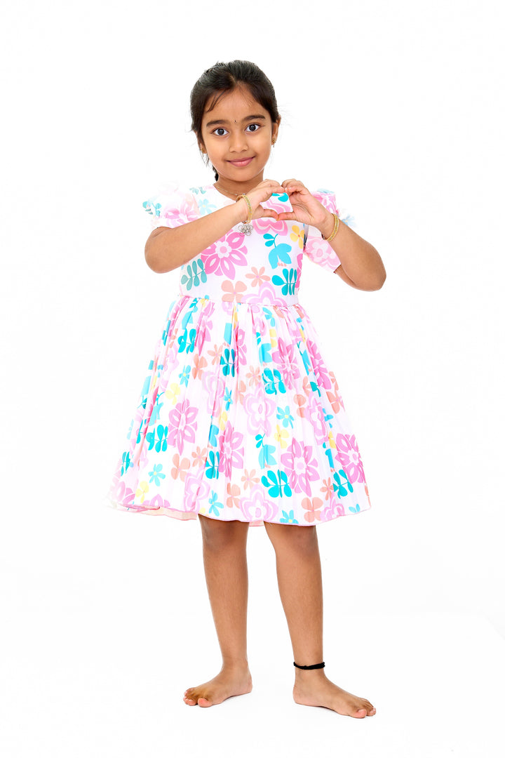 The Nesavu Girls Fancy Frock Vibrant Multicolor Georgette Flower Girls Fancy Frock with Floral Prints and Puff Sleeves Nesavu Nesavu Vibrant Multicolor Georgette Flower Girls Fancy Frock Floral Prints Puff Sleeves