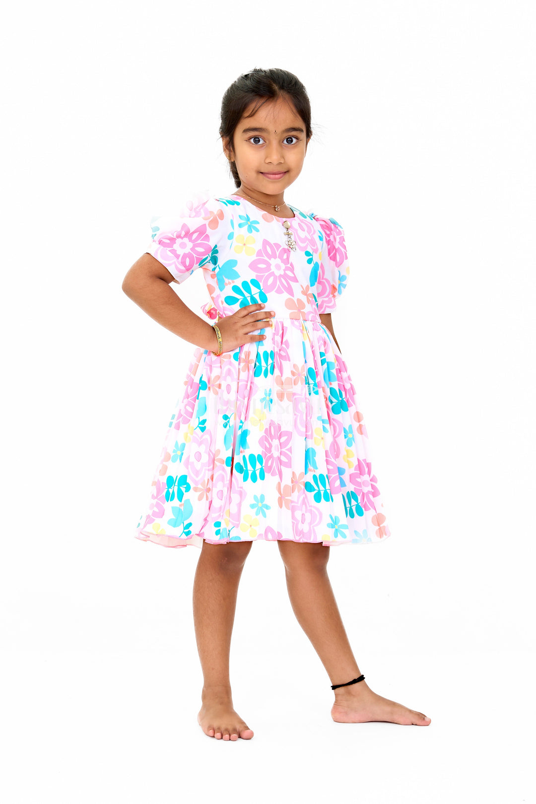 The Nesavu Girls Fancy Frock Vibrant Multicolor Georgette Flower Girls Fancy Frock with Floral Prints and Puff Sleeves Nesavu Vibrant Multicolor Georgette Flower Girls Fancy Frock Floral Prints Puff Sleeves | The Nesavu