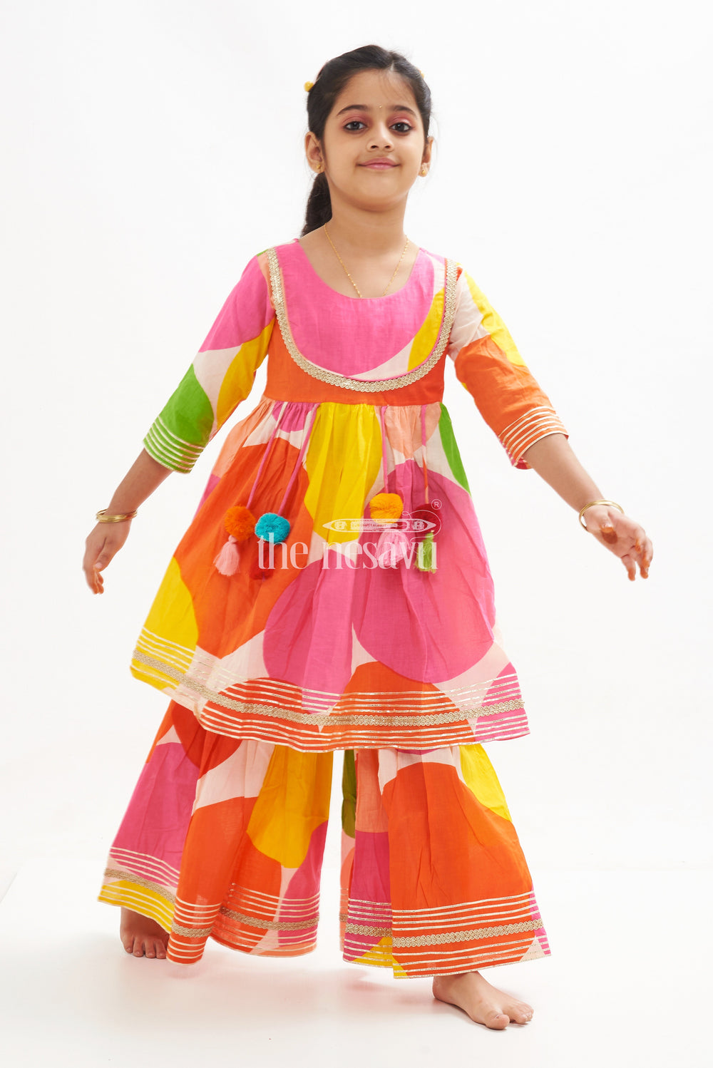 The Nesavu Girls Sharara / Plazo Set Vibrant Multicolor Pure Cotton Navratri Sharara Set for Girls Festive Wear Nesavu 16 (1Y) / multicolor GPS341A-16 Multicolor Pure Cotton Navratri Sharara Set for Girls Festive Wear