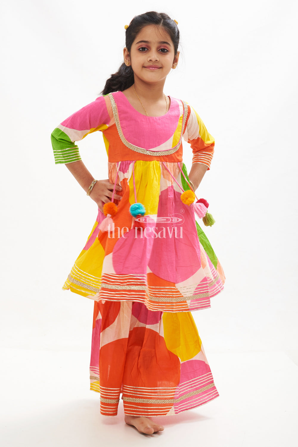 The Nesavu Girls Sharara / Plazo Set Vibrant Multicolor Pure Cotton Navratri Sharara Set for Girls Festive Wear Nesavu 16 (1Y) / multicolor GPS341A-16 Multicolor Pure Cotton Navratri Sharara Set for Girls Festive Wear