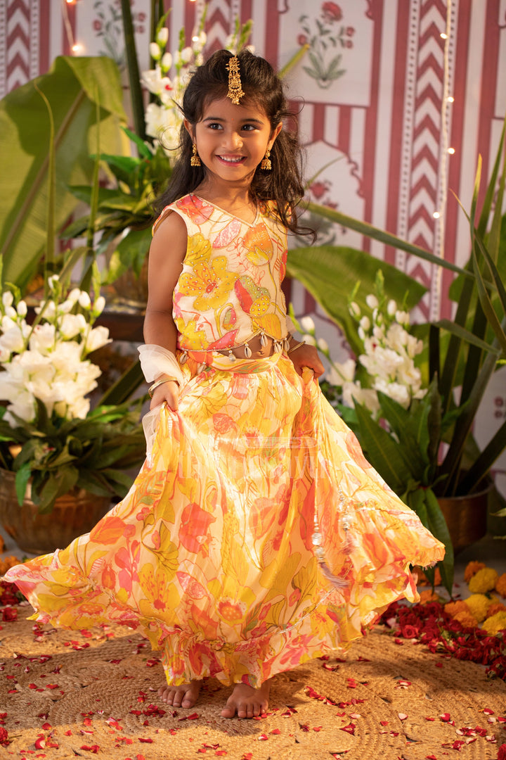 The Nesavu Girls Lehenga Choli Vibrant Multicolored Floral Print Girls Lehenga Choli in Yellow, Pink, and Green Nesavu 16 (1Y) / Yellow GL489A-16 Nesavu Multicolored Floral Girls Lehenga Choli Yellow Playful Tassel Festive Wear