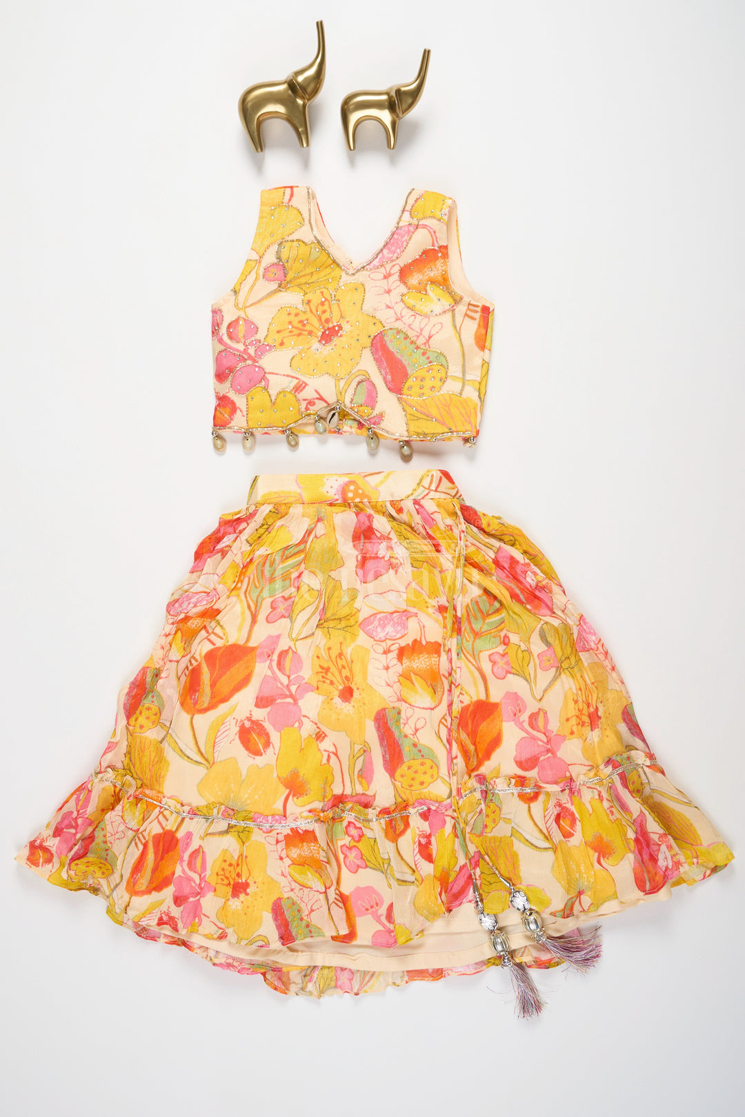 The Nesavu Girls Lehenga Choli Vibrant Multicolored Floral Print Girls Lehenga Choli in Yellow, Pink, and Green Nesavu Nesavu Multicolored Floral Girls Lehenga Choli Yellow Playful Tassel Festive Wear